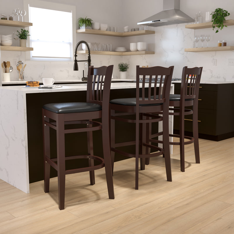 SINGLEWAVE Series Vertical Slat Back Walnut Wood Restaurant Barstool - Black Vinyl Seat