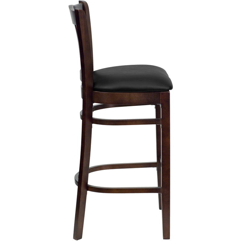 SINGLEWAVE Series Vertical Slat Back Walnut Wood Restaurant Barstool - Black Vinyl Seat