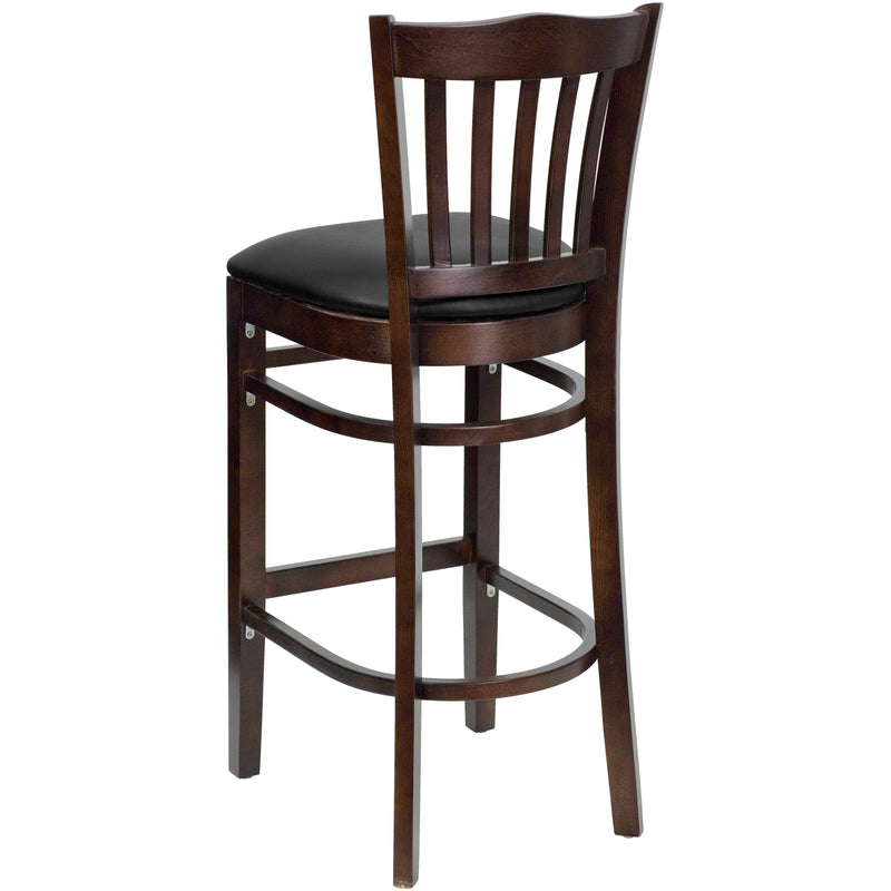 SINGLEWAVE Series Vertical Slat Back Walnut Wood Restaurant Barstool - Black Vinyl Seat