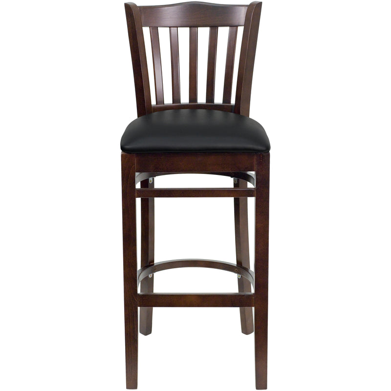 SINGLEWAVE Series Vertical Slat Back Walnut Wood Restaurant Barstool - Black Vinyl Seat