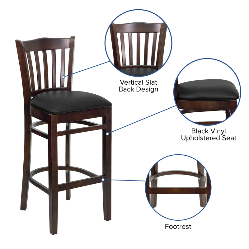 SINGLEWAVE Series Vertical Slat Back Walnut Wood Restaurant Barstool - Black Vinyl Seat