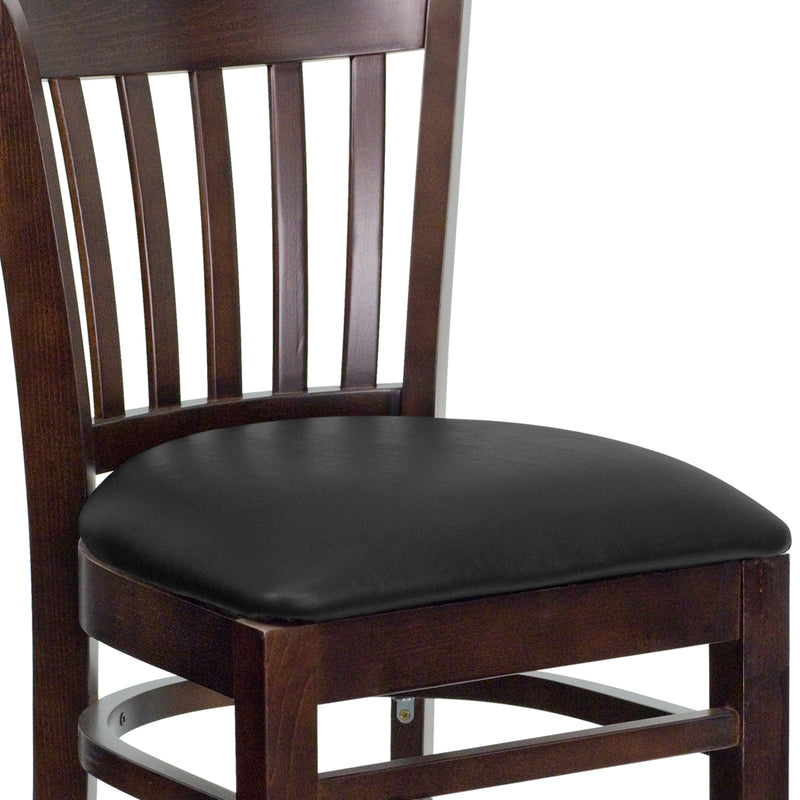 SINGLEWAVE Series Vertical Slat Back Walnut Wood Restaurant Barstool - Black Vinyl Seat