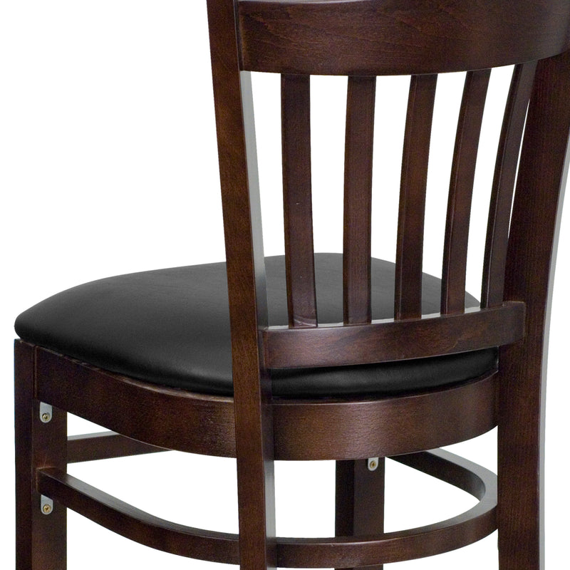 SINGLEWAVE Series Vertical Slat Back Walnut Wood Restaurant Barstool - Black Vinyl Seat