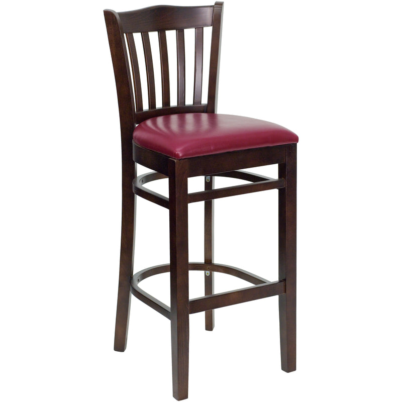 SINGLEWAVE Series Vertical Slat Back Walnut Wood Restaurant Barstool - Burgundy Vinyl Seat