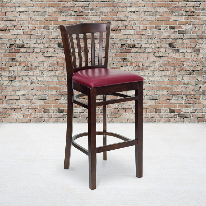 SINGLEWAVE Series Vertical Slat Back Walnut Wood Restaurant Barstool - Burgundy Vinyl Seat