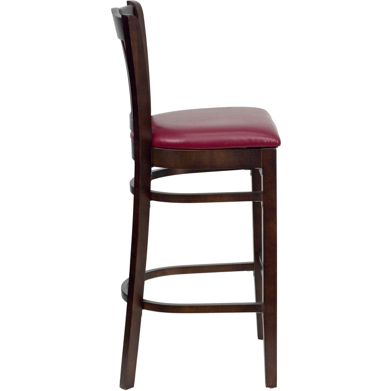 SINGLEWAVE Series Vertical Slat Back Walnut Wood Restaurant Barstool - Burgundy Vinyl Seat