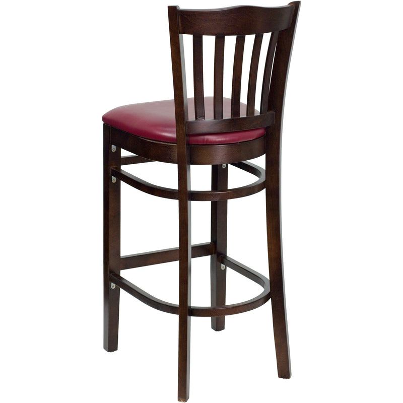 SINGLEWAVE Series Vertical Slat Back Walnut Wood Restaurant Barstool - Burgundy Vinyl Seat