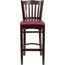 SINGLEWAVE Series Vertical Slat Back Walnut Wood Restaurant Barstool - Burgundy Vinyl Seat