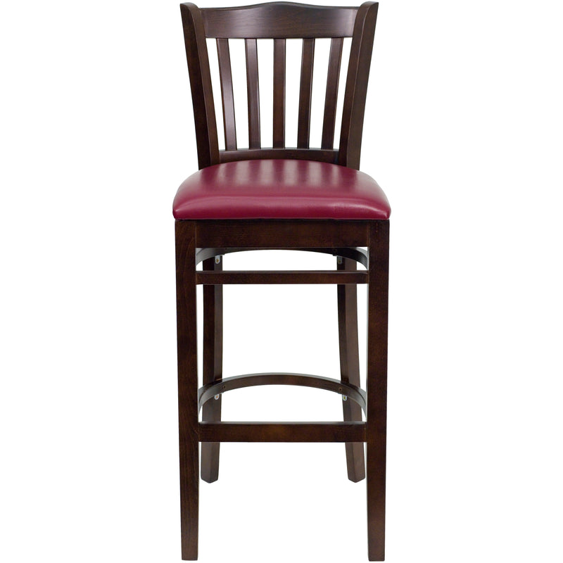 SINGLEWAVE Series Vertical Slat Back Walnut Wood Restaurant Barstool - Burgundy Vinyl Seat