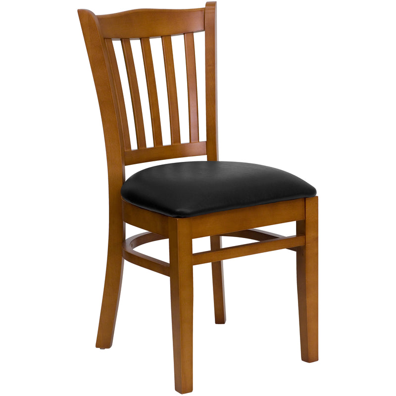 SINGLEWAVE Series Vertical Slat Back Cherry Wood Restaurant Chair - Black Vinyl Seat