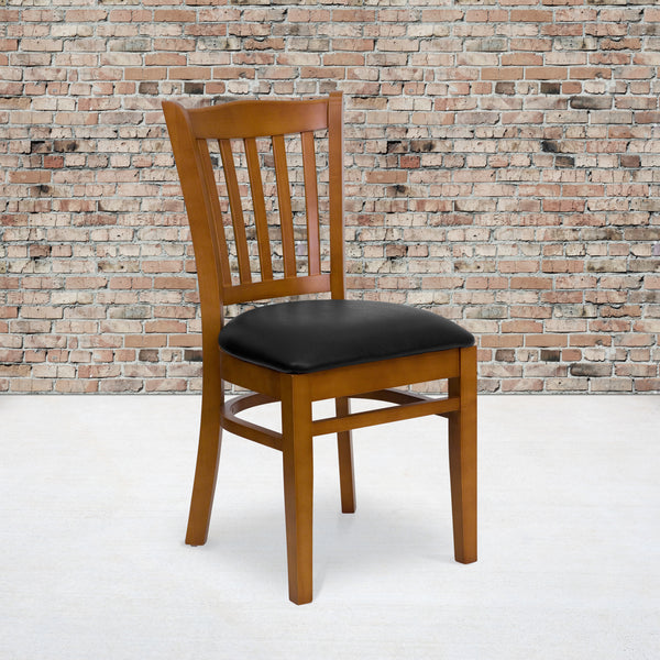 SINGLEWAVE Series Vertical Slat Back Cherry Wood Restaurant Chair - Black Vinyl Seat