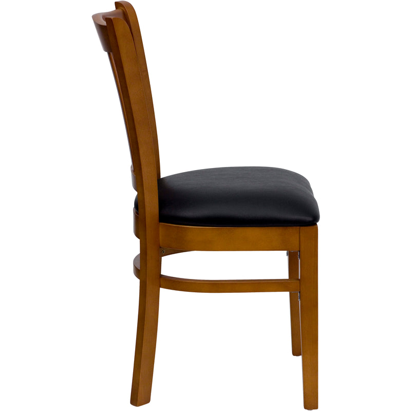 SINGLEWAVE Series Vertical Slat Back Cherry Wood Restaurant Chair - Black Vinyl Seat