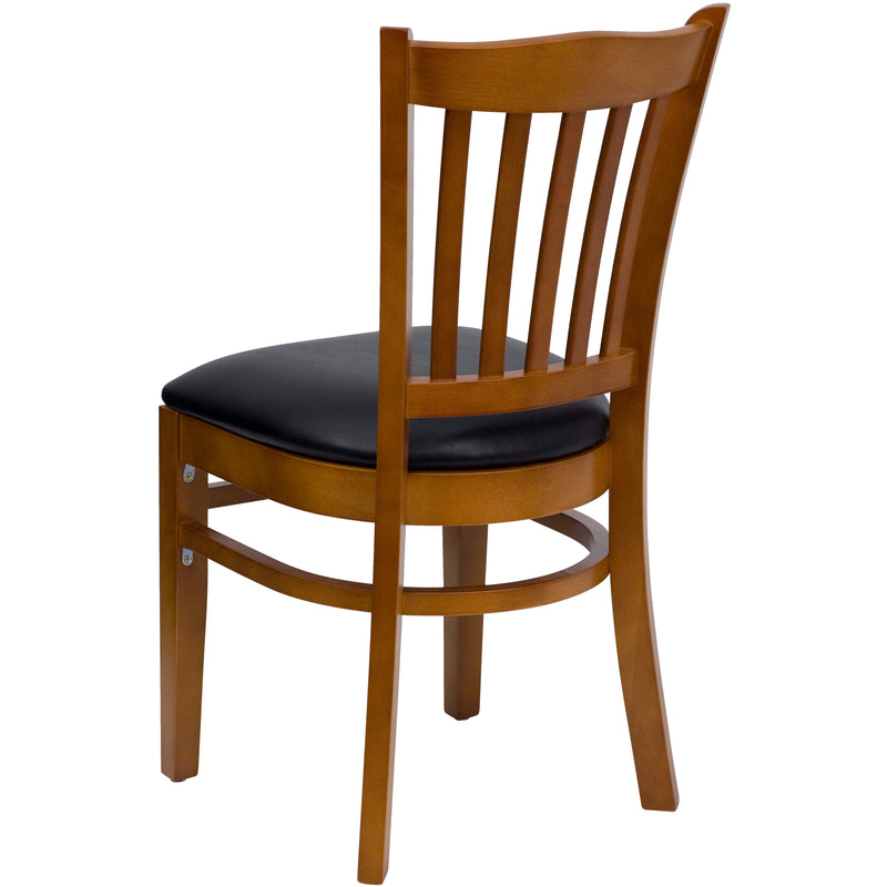 SINGLEWAVE Series Vertical Slat Back Cherry Wood Restaurant Chair - Black Vinyl Seat