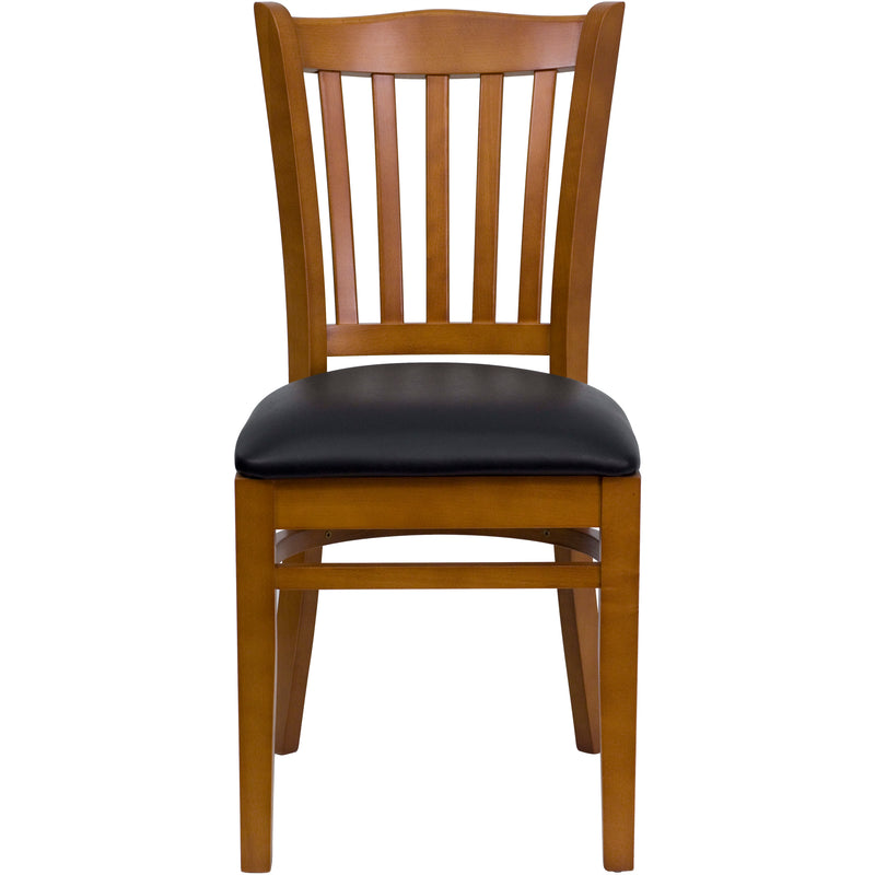 SINGLEWAVE Series Vertical Slat Back Cherry Wood Restaurant Chair - Black Vinyl Seat