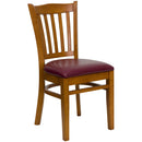 SINGLEWAVE Series Vertical Slat Back Cherry Wood Restaurant Chair - Burgundy Vinyl Seat