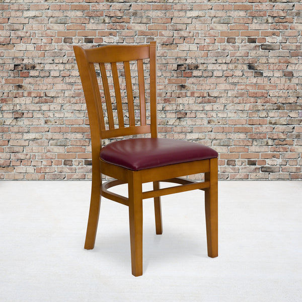 SINGLEWAVE Series Vertical Slat Back Cherry Wood Restaurant Chair - Burgundy Vinyl Seat