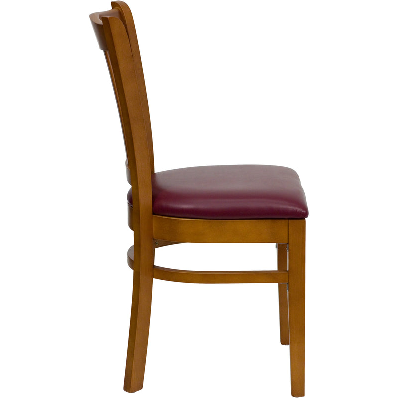 SINGLEWAVE Series Vertical Slat Back Cherry Wood Restaurant Chair - Burgundy Vinyl Seat