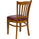 SINGLEWAVE Series Vertical Slat Back Cherry Wood Restaurant Chair - Burgundy Vinyl Seat