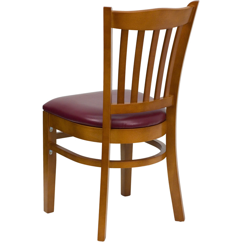 SINGLEWAVE Series Vertical Slat Back Cherry Wood Restaurant Chair - Burgundy Vinyl Seat