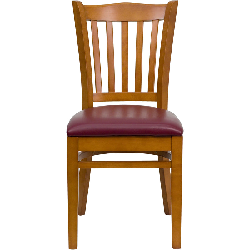 SINGLEWAVE Series Vertical Slat Back Cherry Wood Restaurant Chair - Burgundy Vinyl Seat