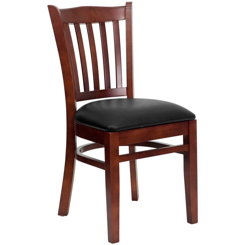 SINGLEWAVE Series Vertical Slat Back Mahogany Wood Restaurant Chair - Black Vinyl Seat