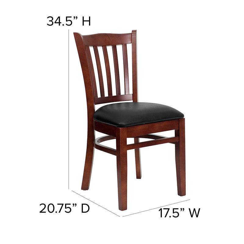 SINGLEWAVE Series Vertical Slat Back Mahogany Wood Restaurant Chair - Black Vinyl Seat