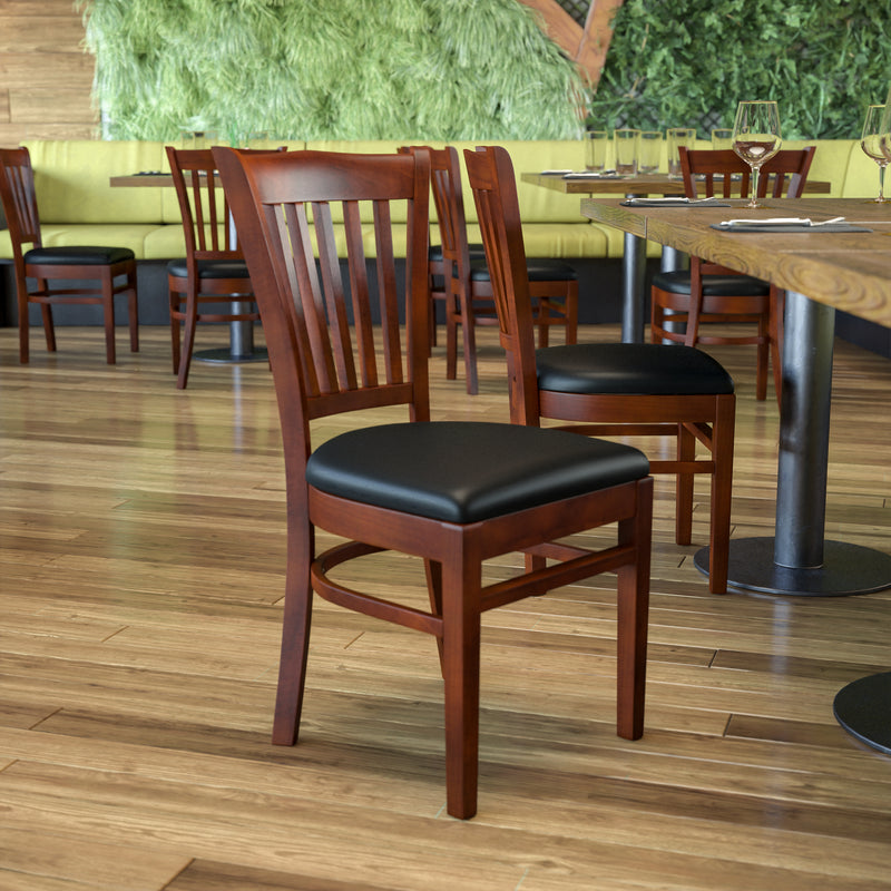 SINGLEWAVE Series Vertical Slat Back Mahogany Wood Restaurant Chair - Black Vinyl Seat