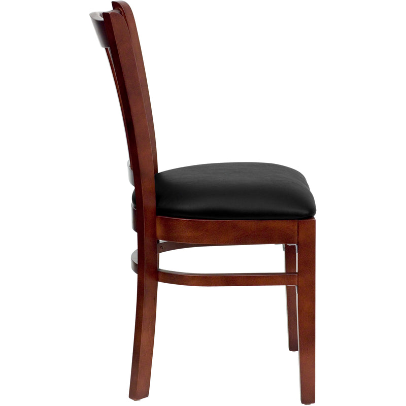 SINGLEWAVE Series Vertical Slat Back Mahogany Wood Restaurant Chair - Black Vinyl Seat