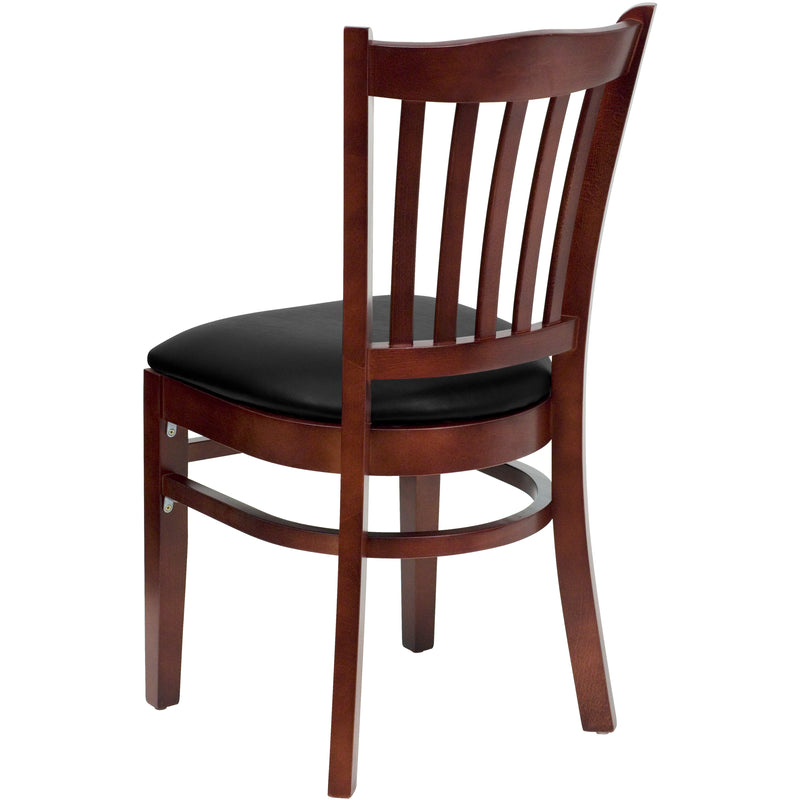 SINGLEWAVE Series Vertical Slat Back Mahogany Wood Restaurant Chair - Black Vinyl Seat