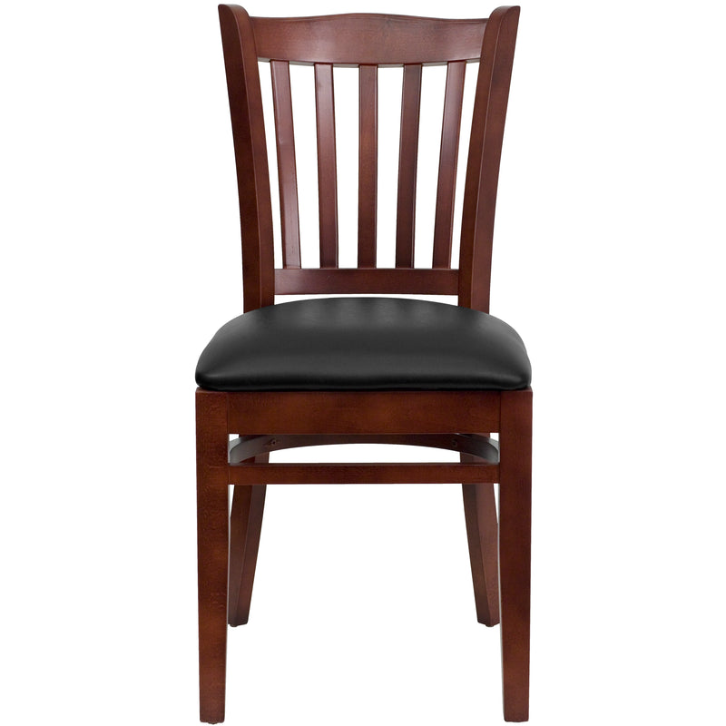 SINGLEWAVE Series Vertical Slat Back Mahogany Wood Restaurant Chair - Black Vinyl Seat