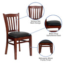 SINGLEWAVE Series Vertical Slat Back Mahogany Wood Restaurant Chair - Black Vinyl Seat
