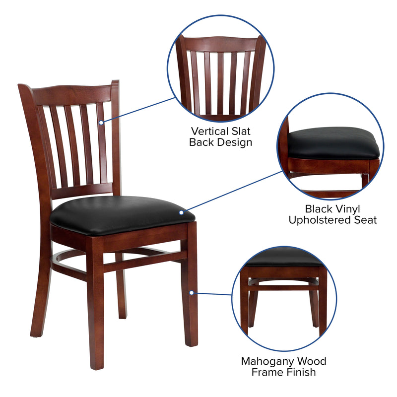 SINGLEWAVE Series Vertical Slat Back Mahogany Wood Restaurant Chair - Black Vinyl Seat