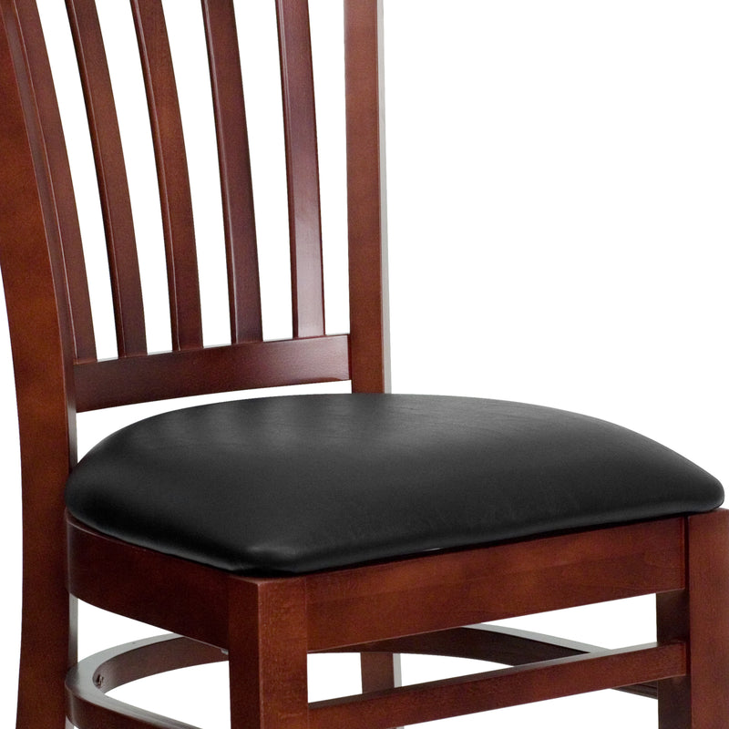 SINGLEWAVE Series Vertical Slat Back Mahogany Wood Restaurant Chair - Black Vinyl Seat