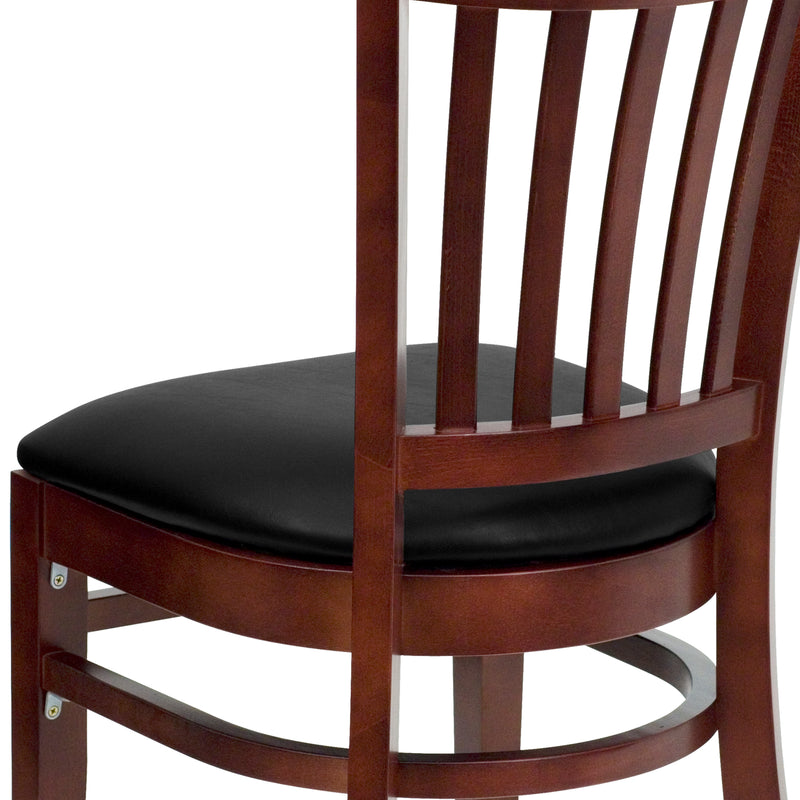 SINGLEWAVE Series Vertical Slat Back Mahogany Wood Restaurant Chair - Black Vinyl Seat