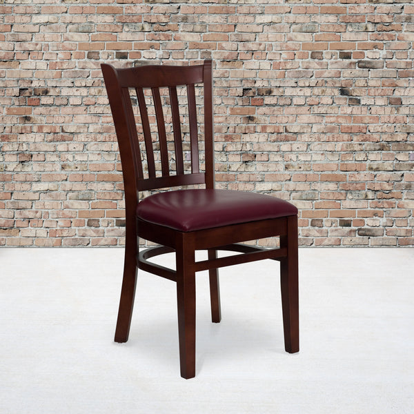 SINGLEWAVE Series Vertical Slat Back Mahogany Wood Restaurant Chair - Burgundy Vinyl Seat