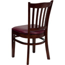 SINGLEWAVE Series Vertical Slat Back Mahogany Wood Restaurant Chair - Burgundy Vinyl Seat