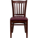 SINGLEWAVE Series Vertical Slat Back Mahogany Wood Restaurant Chair - Burgundy Vinyl Seat