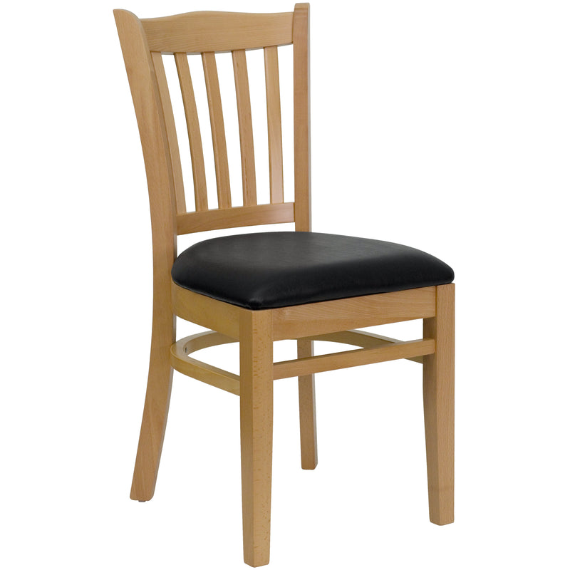 SINGLEWAVE Series Vertical Slat Back Natural Wood Restaurant Chair - Black Vinyl Seat