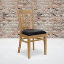 SINGLEWAVE Series Vertical Slat Back Natural Wood Restaurant Chair - Black Vinyl Seat