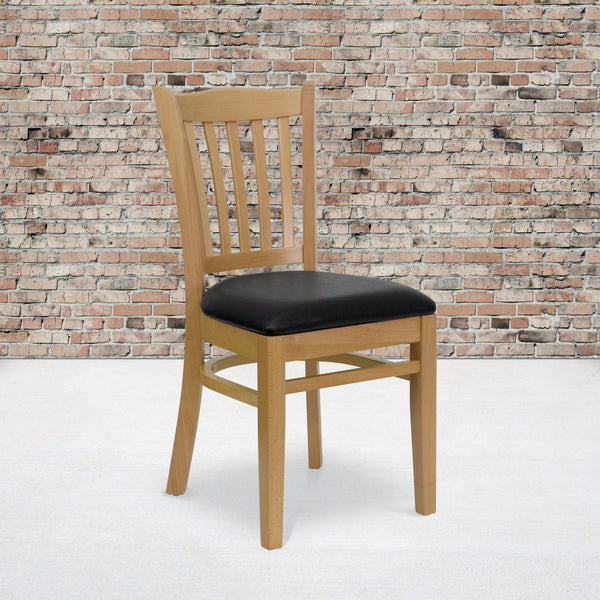 SINGLEWAVE Series Vertical Slat Back Natural Wood Restaurant Chair - Black Vinyl Seat