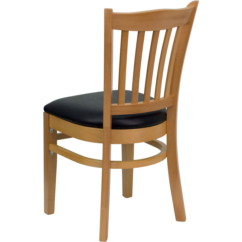 SINGLEWAVE Series Vertical Slat Back Natural Wood Restaurant Chair - Black Vinyl Seat