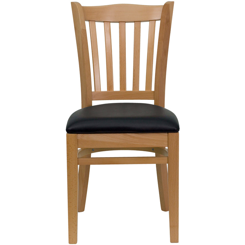 SINGLEWAVE Series Vertical Slat Back Natural Wood Restaurant Chair - Black Vinyl Seat