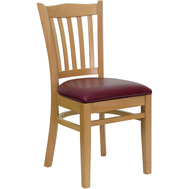 SINGLEWAVE Series Vertical Slat Back Natural Wood Restaurant Chair - Burgundy Vinyl Seat