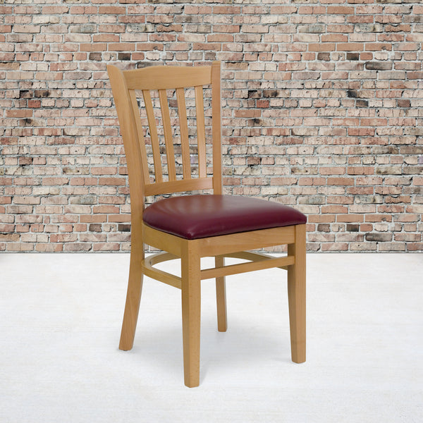 SINGLEWAVE Series Vertical Slat Back Natural Wood Restaurant Chair - Burgundy Vinyl Seat