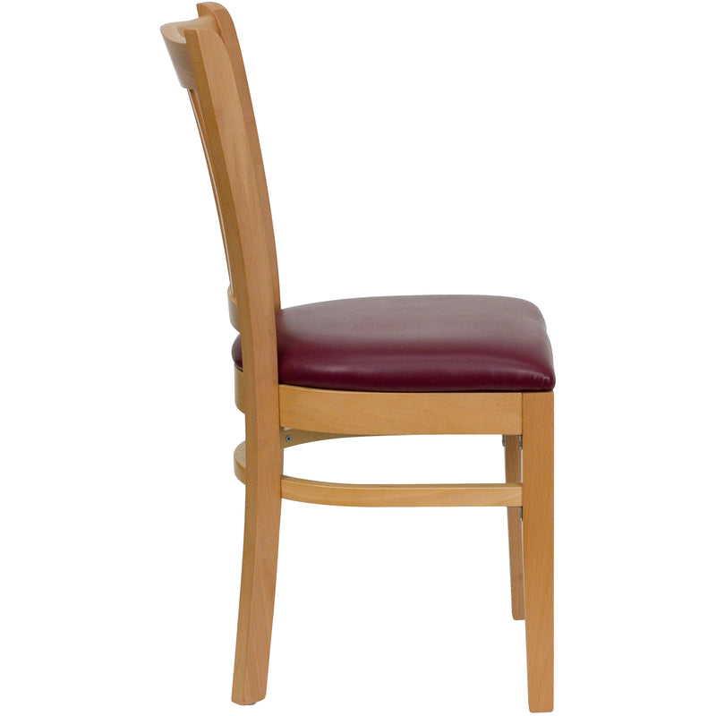 SINGLEWAVE Series Vertical Slat Back Natural Wood Restaurant Chair - Burgundy Vinyl Seat