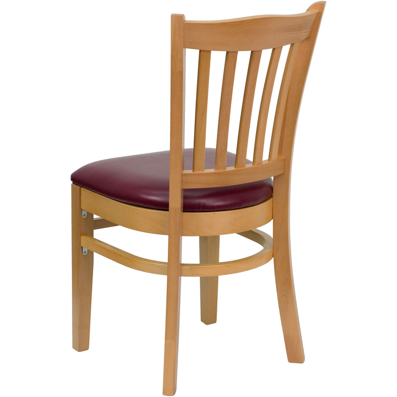 SINGLEWAVE Series Vertical Slat Back Natural Wood Restaurant Chair - Burgundy Vinyl Seat