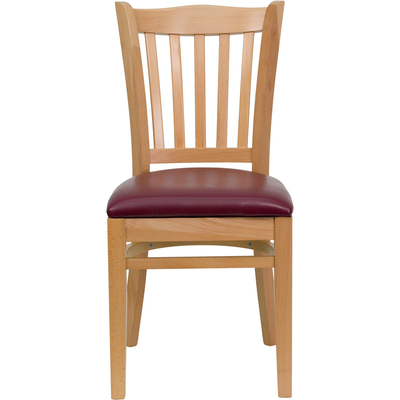 SINGLEWAVE Series Vertical Slat Back Natural Wood Restaurant Chair - Burgundy Vinyl Seat