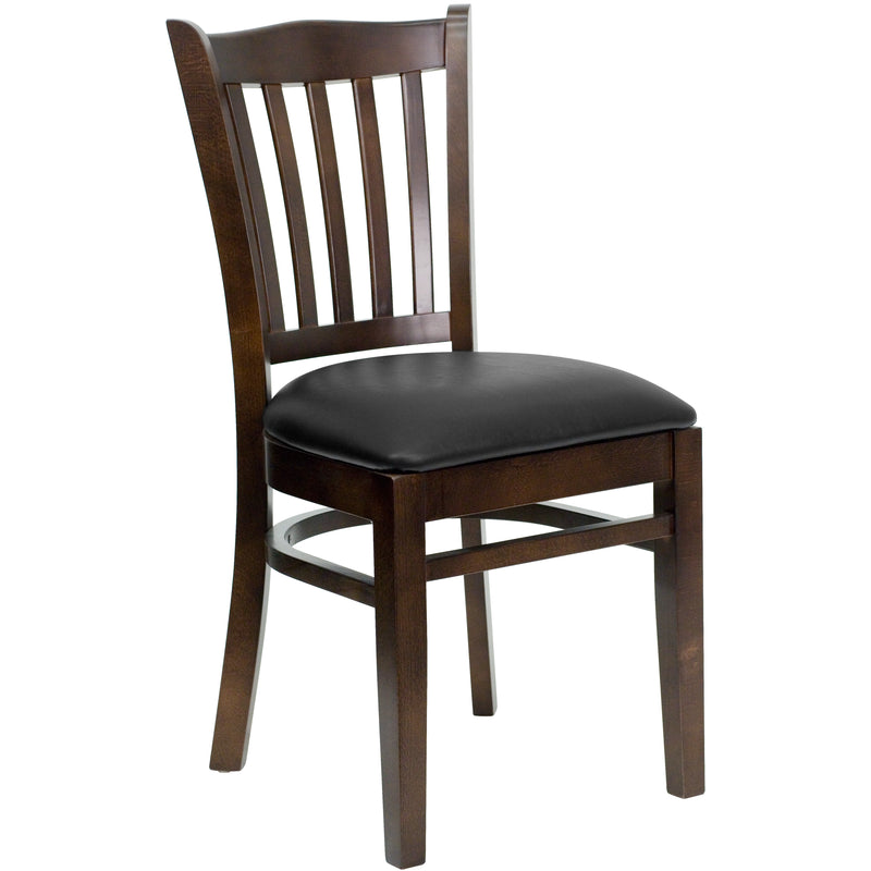 SINGLEWAVE Series Vertical Slat Back Walnut Wood Restaurant Chair - Black Vinyl Seat