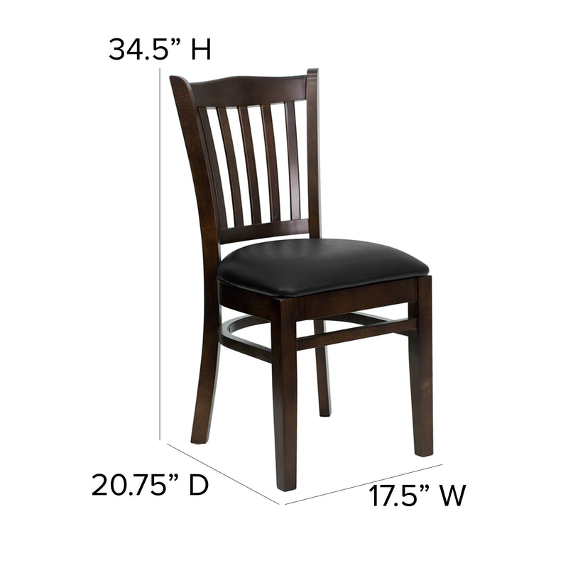 SINGLEWAVE Series Vertical Slat Back Walnut Wood Restaurant Chair - Black Vinyl Seat