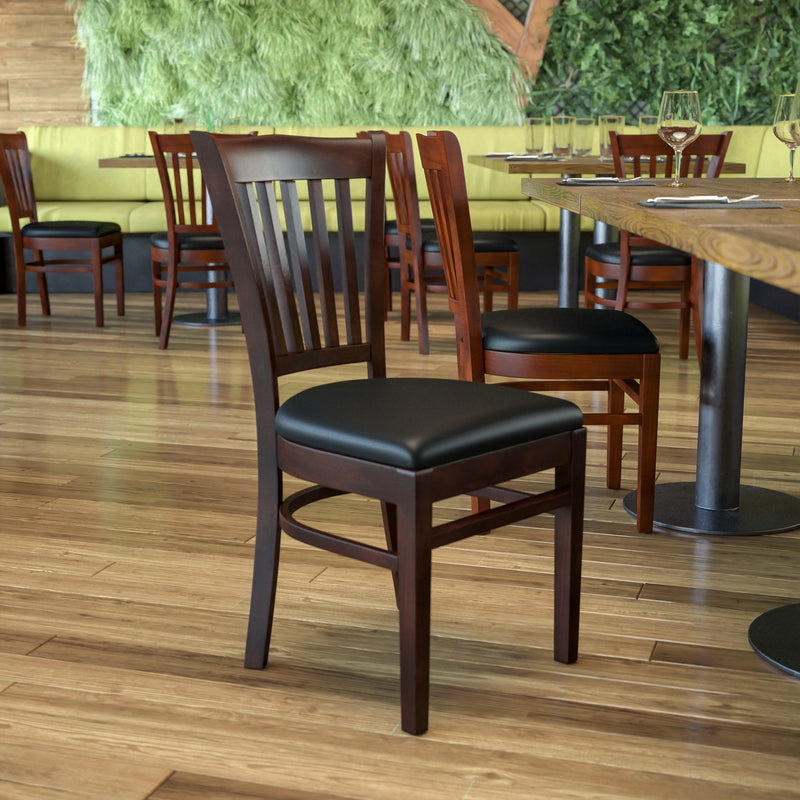 SINGLEWAVE Series Vertical Slat Back Walnut Wood Restaurant Chair - Black Vinyl Seat